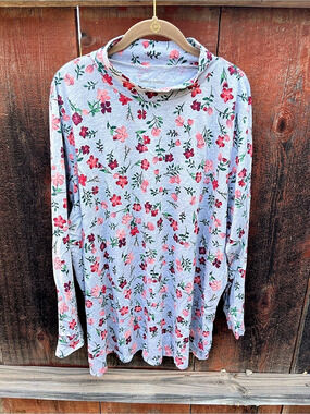 Woman Within Perfect Printed Long-Sleeve Mockneck Tee Blue & Pink 2X